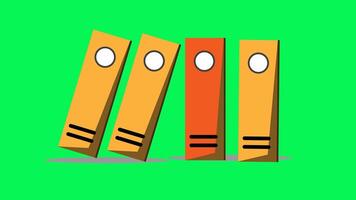 Four colorful binders on a green screen background, suitable for office supplies, organization, school materials, and educational concepts in design projects. video