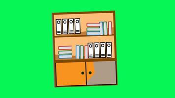 Green screen bookshelf filled with books, folders, and a closed cabinet. Useful for educational, office, or home related designs and concepts. video