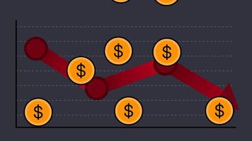 graph with an arrow pointing downwards, depicting inflation, cost reduction and bankruptcy video