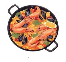 A pan with seafood and rice in it vector