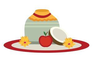A bottle of milk and an apple on a plate vector