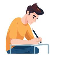 A man is sitting on a chair and writing with a pencil vector