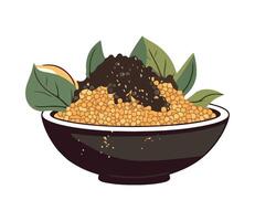 A bowl of mustard with leaves and spices vector
