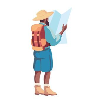 hombre con mochila y mapa mirando a mapa vector