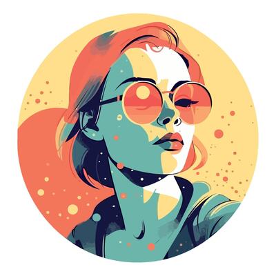 A woman with sunglasses and a colorful background