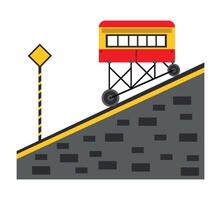 A red and yellow bus on a hill with a sign vector