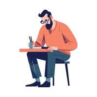 A man with a beard sitting at a desk with a pencil and a pen vector