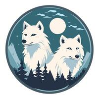 Two white wolves in the forest with the moon in the background vector