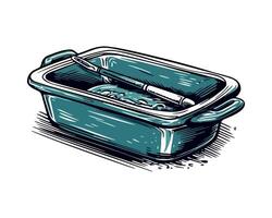 A blue dish with a knife and fork in it vector