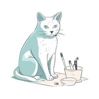 A drawing of a cat sitting next to a bowl of paint vector