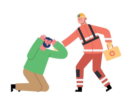 An illustration of a man being helped by a firefighter