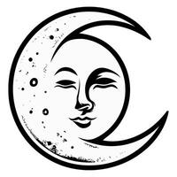 A black and white drawing of a crescent with a face vector