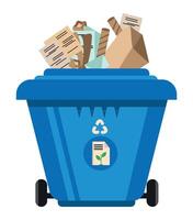 A blue trash can with papers and other items vector