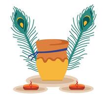 A vase with two candles and a feather on it vector