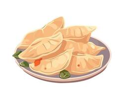 Dumplings on a plate with sauce and green leaves vector