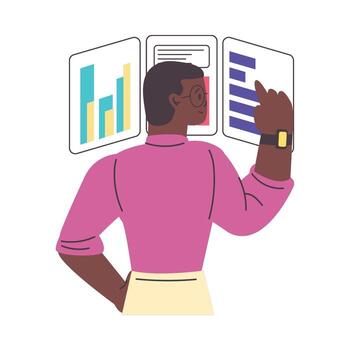 A man is looking at graphs and charts on a tablet vector