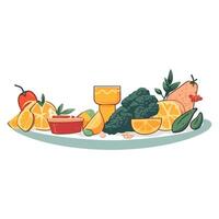 A plate with various fruits and vegetables vector