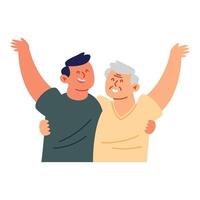 Happy elderly couple with arms raised, illustration vector