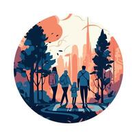 A family walking through the woods with trees in the background vector