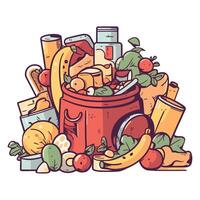 A red bucket full of food and other items vector