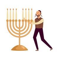 Man lighting menorah with candles illustration vector