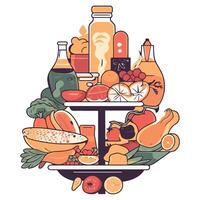 A plate full of food and drinks on a white background vector