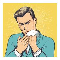Man blowing his nose in a tissue vector