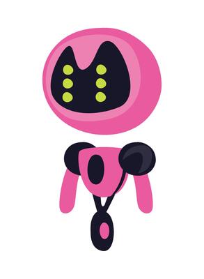 A pink robot with black eyes and a green dot