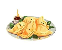A plate with dumplings and sauce on it vector