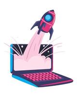 A laptop with a rocket on top of it vector