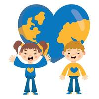 Two children standing in front of a heart shaped world map vector