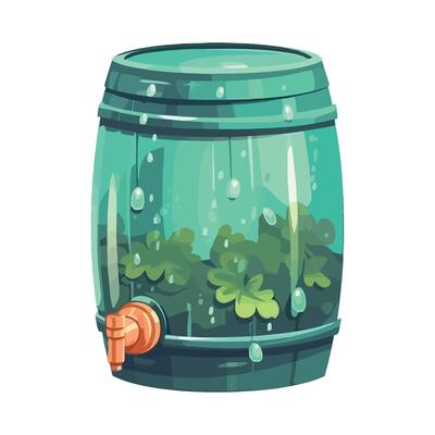 A green barrel with water and plants inside