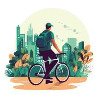 Man on bike with backpack and cityscape background vector
