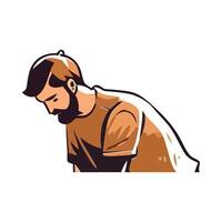 A man with a beard sitting down and looking down vector