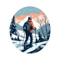 A man with a backpack is walking through the woods vector