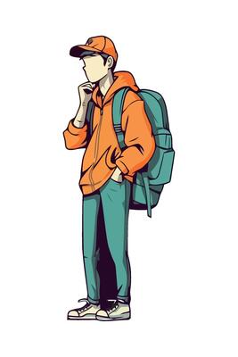 A cartoon man with a backpack and hat