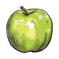 A green apple is shown in a cartoon style vector