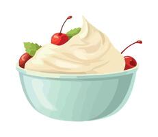 Ice cream with cherries and whipped cream in a bowl vector