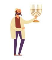 Man with a menorah and candles, cartoon character illustration vector