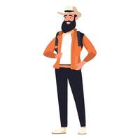 Man with beard and backpack in orange jacket vector