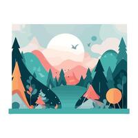 A colorful illustration of a forest with trees and mountains vector