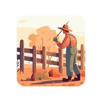 An illustration of a farmer with a rake vector