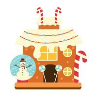 A gingerbread house with candy canes and a snowman vector