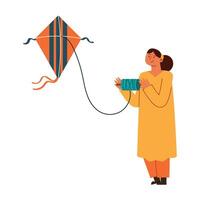 A woman is holding a kite and a string vector