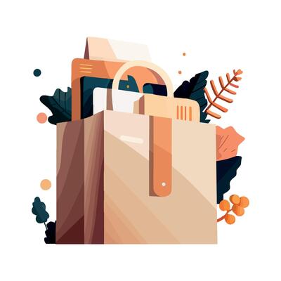 An illustration of a shopping bag with a wallet and other items
