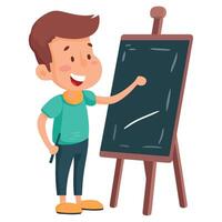 A boy is standing in front of a chalkboard with a marker vector