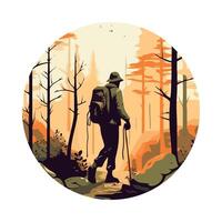 A man with a backpack walking through the woods vector