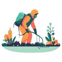 A man in an orange suit is using a sprayer to clean up the garden vector