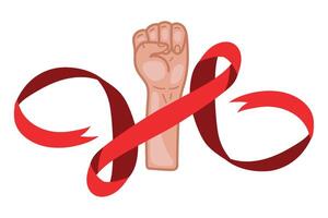 A hand holding a red ribbon and a fist vector