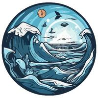A circular illustration of the ocean with waves and birds vector